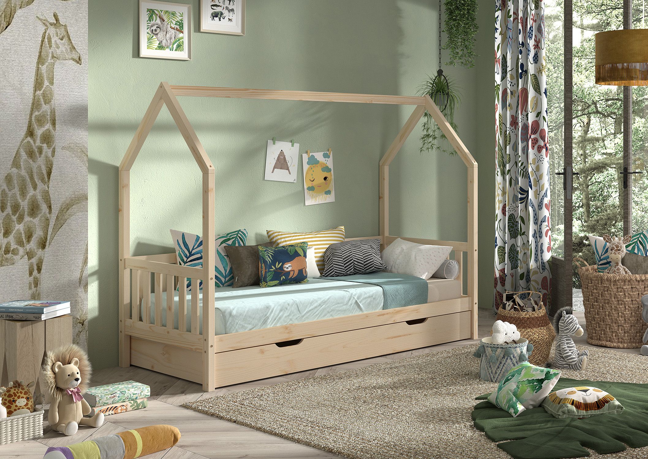 Cabane huisbed met hekje inclusief opberg 90x200cm houtkleurig 1