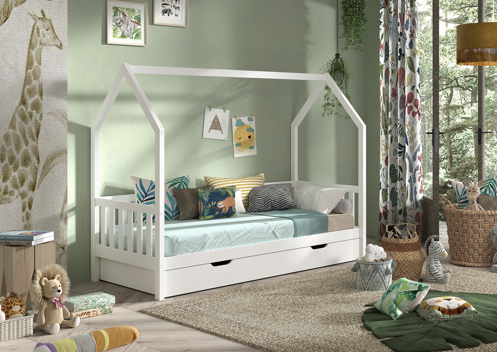 Cabane huisbed met hekje inclusief opberg 90x200cm wit1